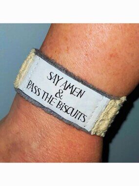 Say Amen & Pass the Biscuits Bracelet Cuff Christian Faith Spiritual Humor Fun